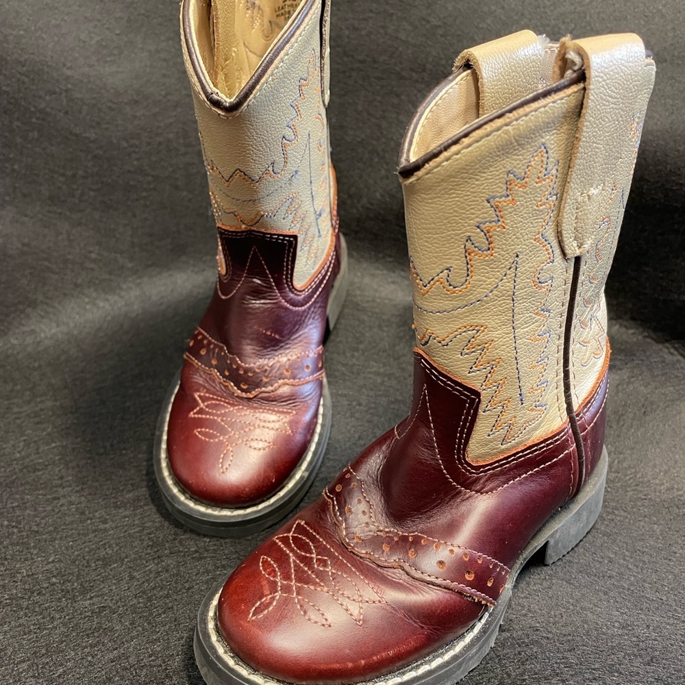 Kids Leather Cowboy Boots - Maroon and Beige